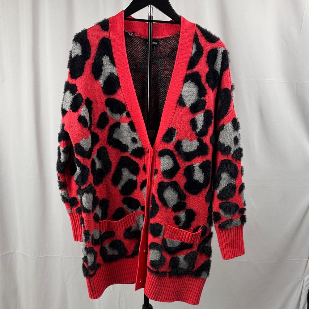 Vibrant Red Leopard Print Cardigan